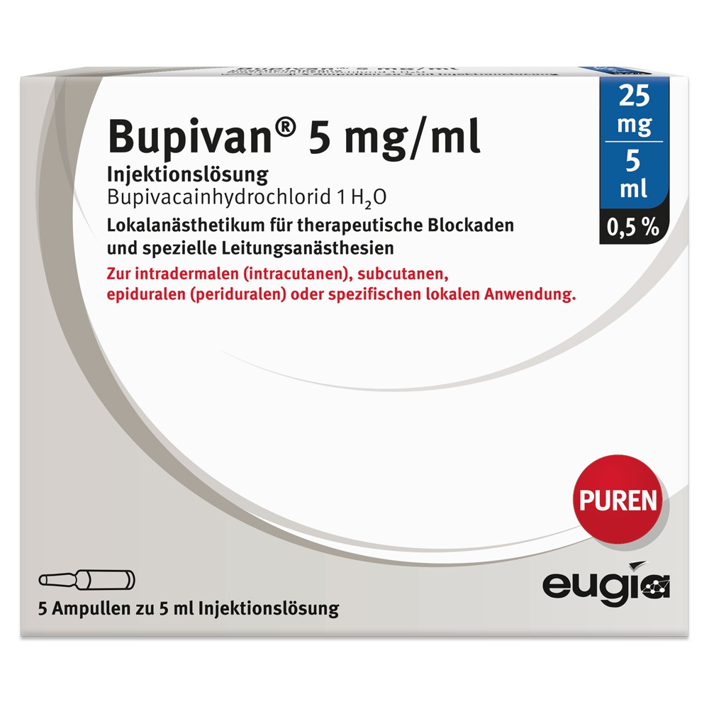 Bupivan 0,5% 5 mg/ml Inj.L.25mg/5ml Glas, 5 x 5 ml