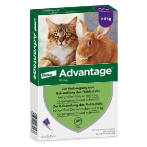 Abbildung: Advantage 80 mg für Katzen und Zierkaninchen über 4 kg, 4 x 0,8 ml